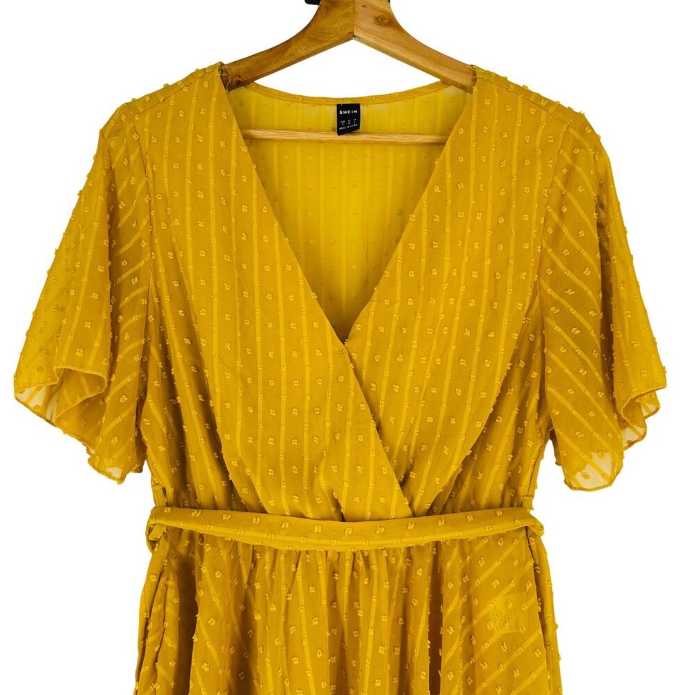 SHEIN Mustard Yellow Surplice Neck Flutter Sleeve Tie Waist Dot Textured Top M/6 - Picture 3 of 9